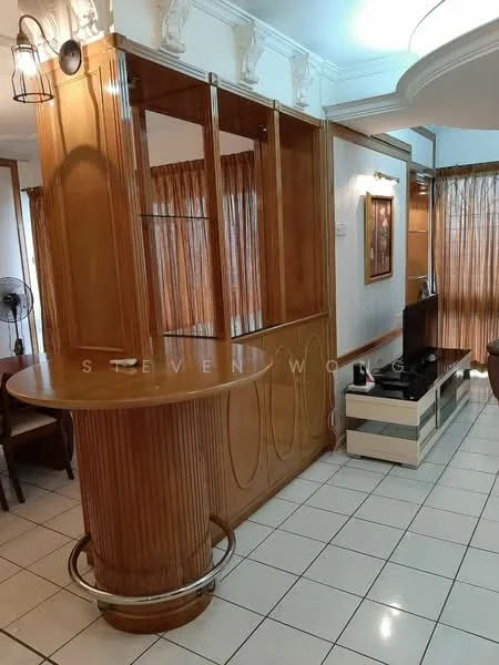 Room features: wooden cabinetry, glass display shelves, round wooden bar counter, white tiled flooring, wall-mounted TV unit, decorative wall art, curtains, ceiling light fixture, ceiling cornice, fan, seating area; style: modern.