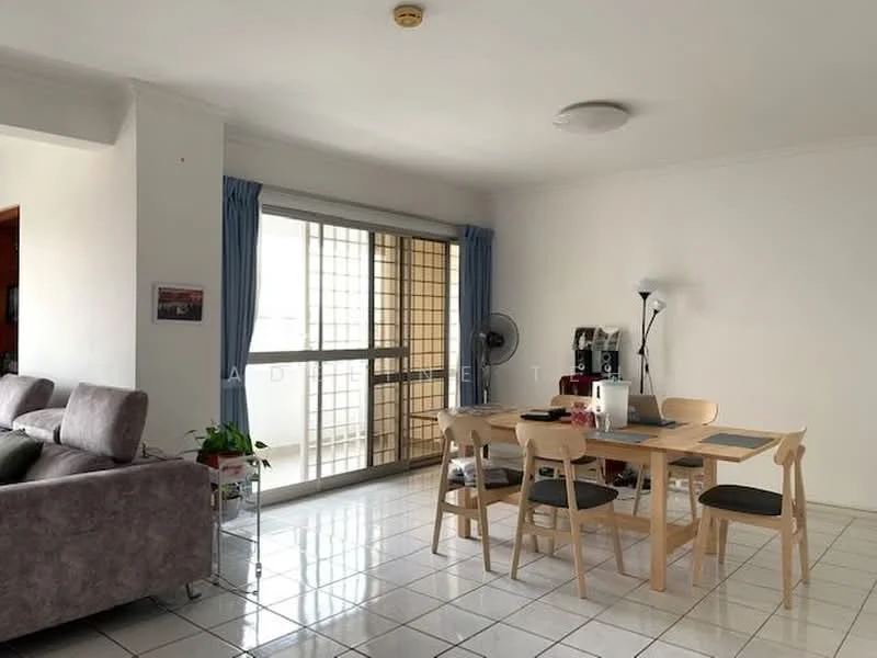 Dining features: white painted walls, glossy white tile flooring, dining table with wooden legs, 4 wooden dining chairs, floor-to-ceiling sliding glass door, sheer curtains, ceiling light fixture, wall-mounted fan, decorative plant on table; style: modern. Living features: grey fabric sofa, coffee table, wall-mounted artwork, open layout to dining area; style: modern.
