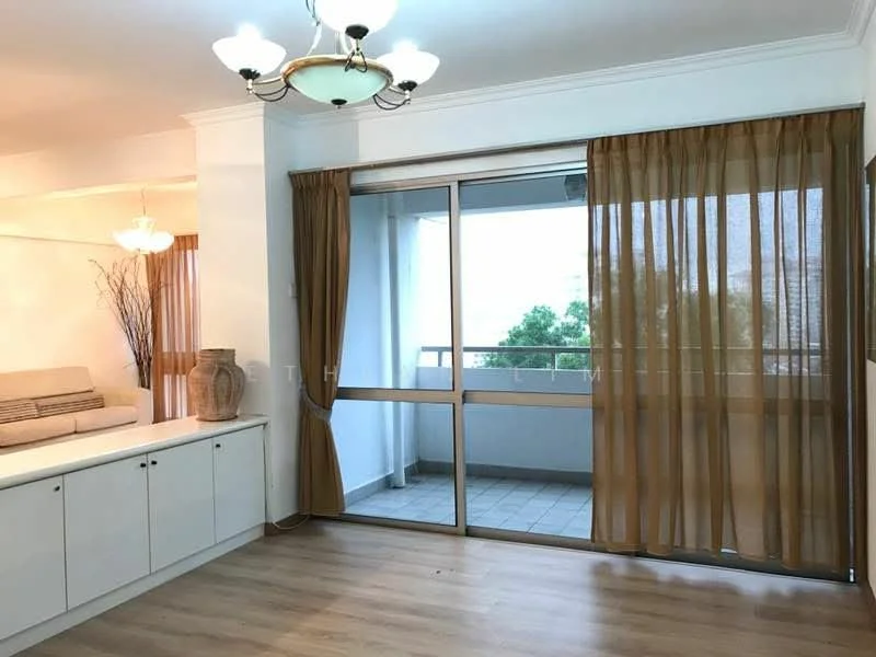 Living features: laminate flooring, white painted walls, ceiling light fixture with multiple bulbs, sliding glass door, sheer curtains, sofa, decorative vase, open shelving unit, balcony view; style: modern; view: garden.