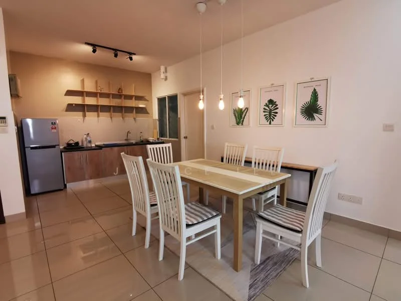 Dining features: 6-seater dining table, white wooden dining chairs with striped cushions, pendant lighting above the table, open shelving on the wall, kitchen area visible in the background, ceramic tile flooring, neutral wall color, recessed lighting, glass door leading to another room; style: modern. Kitchen features: black countertop, stainless-steel fridge, built-in kitchen cabinets, kitchen sink, kitchen appliances visible, wall-mounted shelves; style: modern.