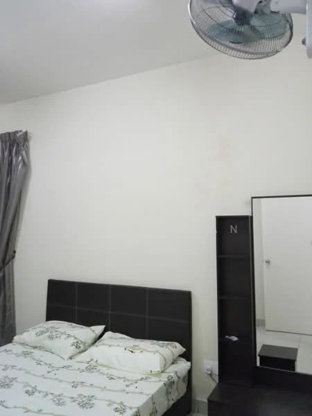 Bedroom features: queen-size bed with floral bedding, dark wood headboard, floor-to-ceiling mirror, wall-mounted ceiling fan, grey curtains, light beige painted walls, nightstand with open shelving.