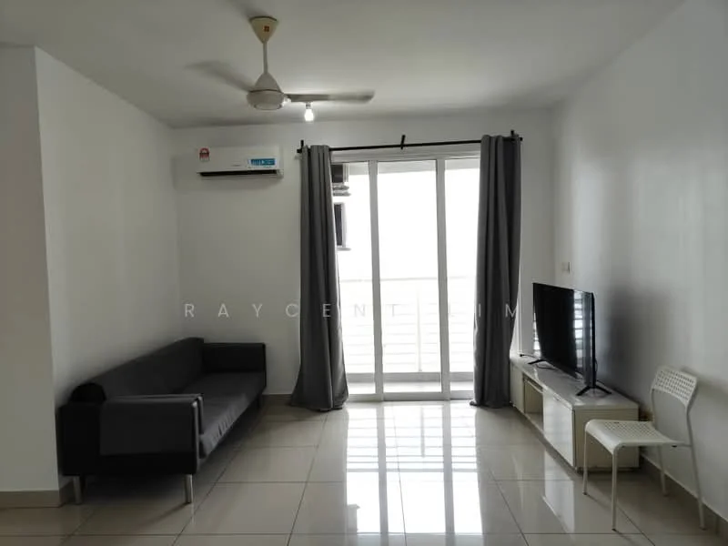 Living features: 3-seater fabric sofa in grey, wall-mounted TV, TV console, floor-to-ceiling windows, sliding glass door, grey curtains, 1 wall-mounted split AC, polished ceramic tile flooring, ceiling fan with light, white painted walls; style: modern.