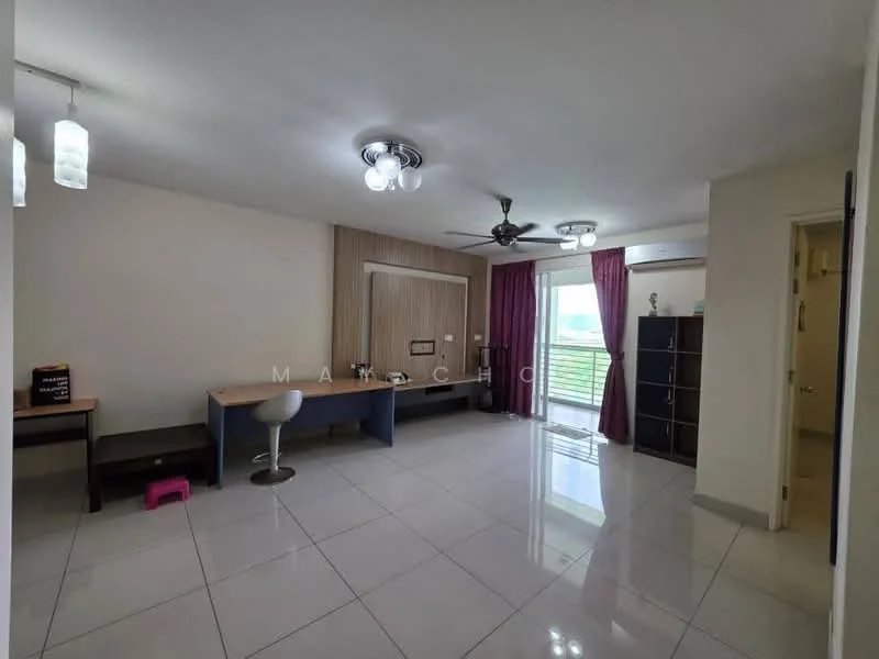 Living features: white painted walls, glossy tile flooring, ceiling fan with light, recessed downlights, large window with view, curtains in burgundy, wooden feature wall, study desk with chair, black storage cabinet, pink stool; style: modern; view: garden.