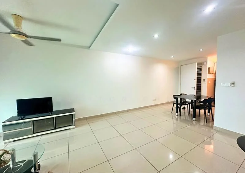 Living features: white painted walls, polished ceramic tile flooring, 5-blade ceiling fan with light, wall-mounted TV, TV console, glass coffee table, 4-seater dining table, black dining chairs, recessed downlights, doorway to hallway; style: modern.