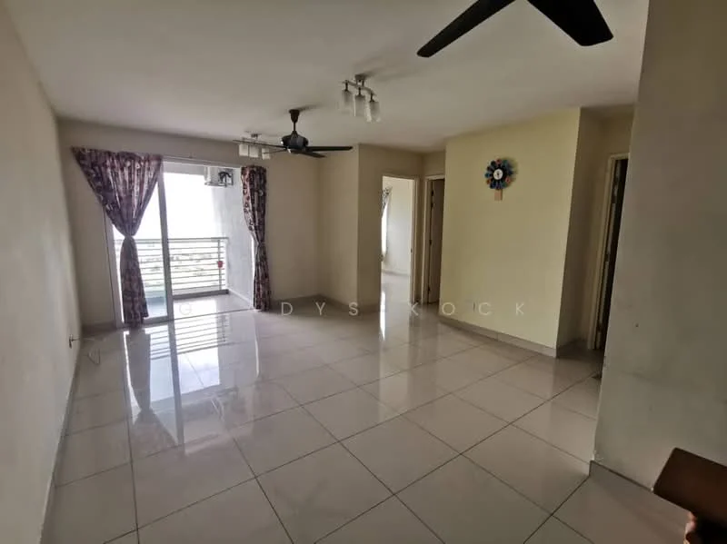Living features: white painted walls, glossy ceramic tile flooring, 5-blade ceiling fan, recessed downlights, floor-to-ceiling windows, sliding glass door, curtains with floral pattern, wall clock, neutral color scheme; style: modern; view: city.