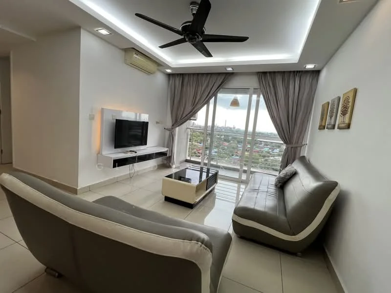 Living features: 3-seater fabric sofa in grey, 2-seater leather sofa, coffee table with white top and wooden base, wall-mounted TV, TV console, floor-to-ceiling windows, curtains in light grey, recessed downlights, ceiling fan with light, cream painted walls, glossy tile flooring; style: modern; view: city.