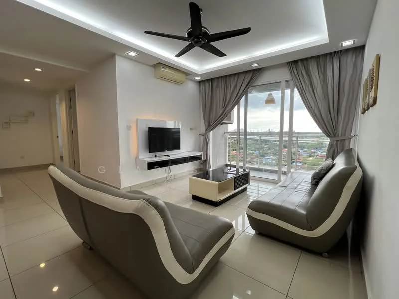 Living features: 5-blade ceiling fan with light, wall-mounted TV, TV console, 2-seater leather sofa in grey, 3-seater leather sofa in grey, coffee table, white painted walls, recessed downlights, floor-to-ceiling windows with sheer curtains, glossy tile flooring, balcony view of city skyline; style: modern; view: city.