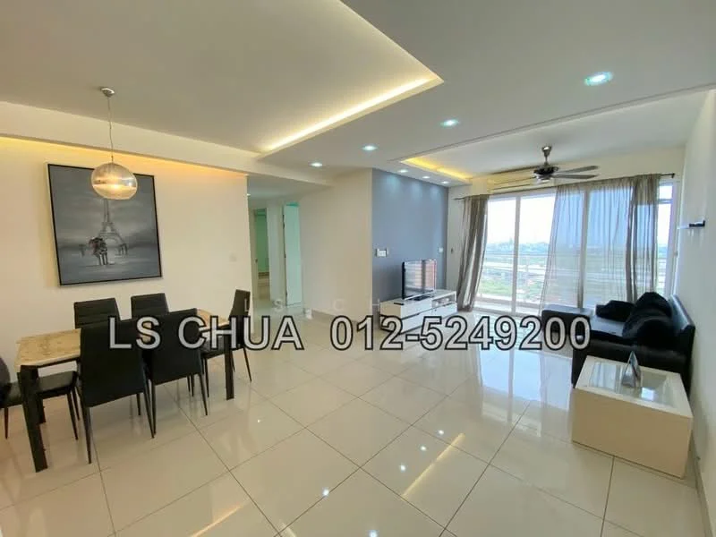 Living features: white painted walls, glossy ceramic tile flooring, recessed downlights, 5-blade ceiling fan, sofa in black, coffee table in light wood, 6-seater dining table, pendant lamp, floor-to-ceiling windows, city view; style: modern; view: city.