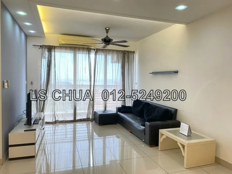 Living features: black leather sofa, white coffee table, TV console, wall-mounted TV, floor-to-ceiling windows, sheer curtains, recessed LED downlights, 5-blade ceiling fan with light, glossy tile flooring, neutral painted walls; style: modern; view: city.