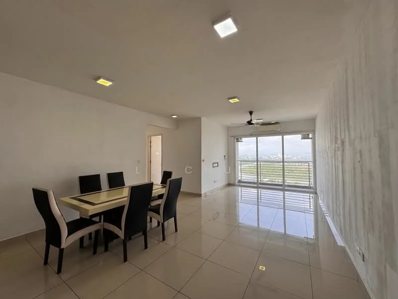 Living features: white painted walls, glossy beige tile flooring, 5-blade ceiling fan with light, recessed LED downlights, floor-to-ceiling windows, sliding glass door, dining table with 6 black chairs, air conditioning unit; style: modern; view: city.