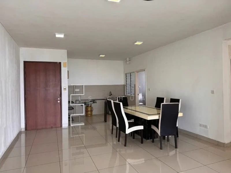 Dining features: rectangular dining table with white top, 6 black upholstered dining chairs, white painted walls, large floor-to-ceiling window, tile flooring, recessed ceiling lights, wooden door, open layout to kitchen area; style: modern.