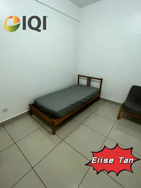 Bedroom features: single bed, grey bed linen, wooden bed frame, tile flooring, white painted walls, window with natural light, chair, minimalist decor; style: minimalist.