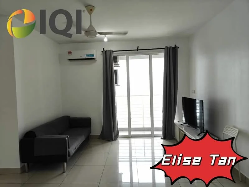 Living features: grey fabric sofa, wall-mounted TV, ceiling fan, floor-to-ceiling sliding glass door, curtains, air conditioning unit, glossy tile flooring, light-colored walls; style: modern.