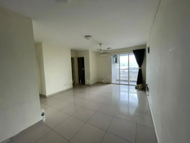 Living features: cream painted walls, glossy ceramic tile flooring, 5-blade ceiling fan with light, wall-mounted split AC, floor-to-ceiling windows, sliding glass door, blackout curtains, natural light from windows, open layout, neutral color scheme; style: modern; view: city.