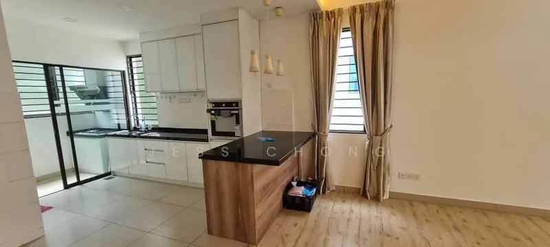 Kitchen features: white cabinetry, black countertop, stainless-steel built-in oven, stainless-steel microwave, single-bowl stainless-steel sink, chrome pull-down faucet, ceramic tile flooring, recessed downlights, window with horizontal bars, open layout to living area; style: modern. Living features: light wood flooring, large window with horizontal bars, curtains, recessed lighting, open layout to kitchen; style: modern.