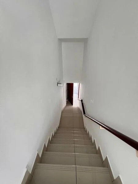 Room features: white painted walls, tile flooring, wooden handrail, staircase with risers, natural light from doorway; style: modern.