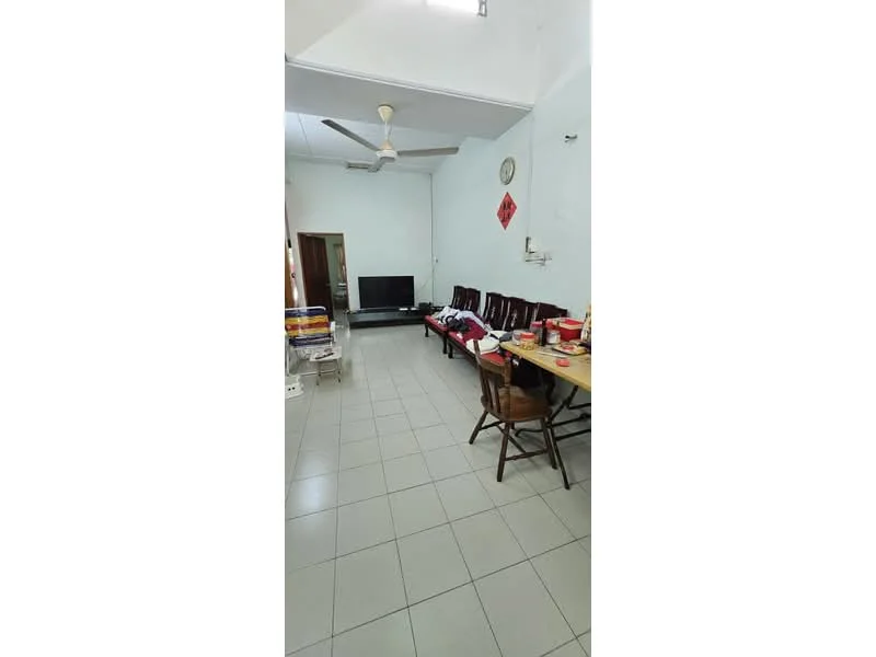 Living features: white painted walls, tile flooring, 5-blade ceiling fan, sofa set with multiple seats, TV console, wall-mounted TV, dining table with chairs, decorative wall clock.