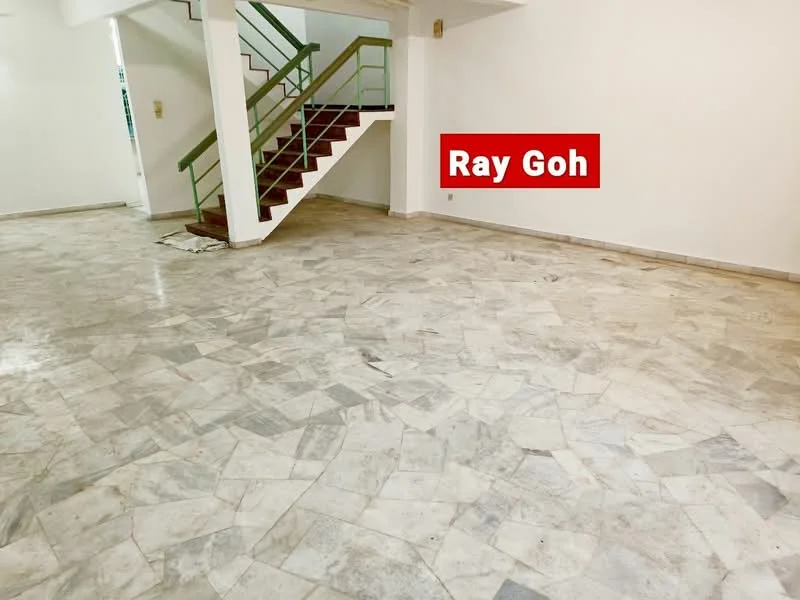 Room features: marble flooring, white painted walls, staircase with green railing, open layout, natural light from windows, no visible furniture, high ceiling, neutral color palette; style: modern.