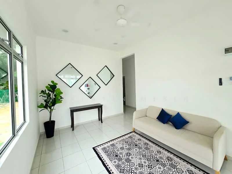 Living features: white painted walls, tile flooring, 5-blade ceiling fan, large windows, sofa in cream, blue decorative cushions, wooden console table, decorative wall mirrors, indoor plant in black pot, area rug with geometric pattern; style: modern; view: garden.