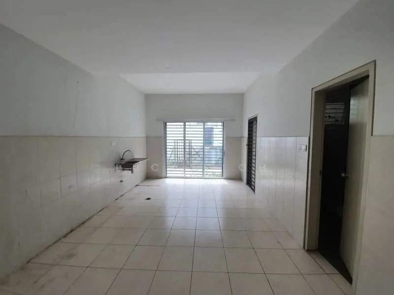 Room features: white painted walls, cream tiled flooring, sliding glass door, window with metal grille, kitchen sink, wall-mounted faucet, door leading to another room, floor-to-ceiling windows, light coming from outside.