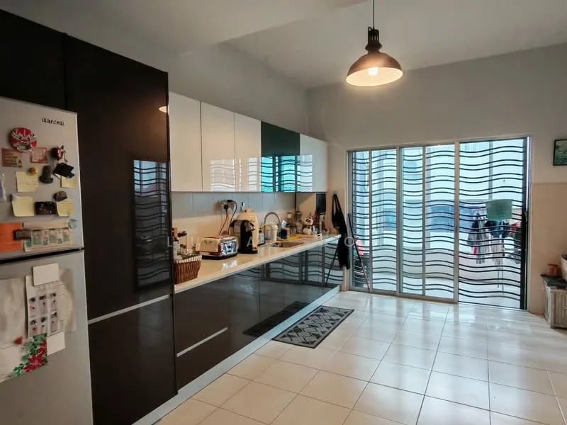 Kitchen features: black high-gloss cabinetry, white high-gloss cabinetry, stainless-steel fridge, built-in oven, ceramic cooktop, kitchen island, single-bowl stainless-steel sink, chrome pull-down faucet, tile backsplash, pendant light, recessed downlights, floor-to-ceiling windows with decorative grills, white tiled flooring; style: modern.