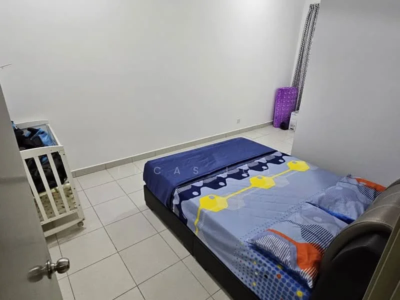 Bedroom features: queen-size bed with patterned bedding, white painted walls, tile flooring, window with sheer curtains, built-in wardrobe, crib, decorative pillows, nightstand.