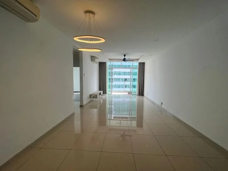Living features: white painted walls, glossy tile flooring, ceiling fan, recessed downlights, large floor-to-ceiling windows, curtains, open layout, neutral color scheme; style: modern; view: city.