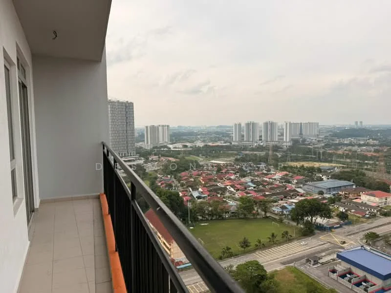 Room features: balcony, city view, tiled flooring, glass railing, sliding glass door, white walls; style: modern; view: city.