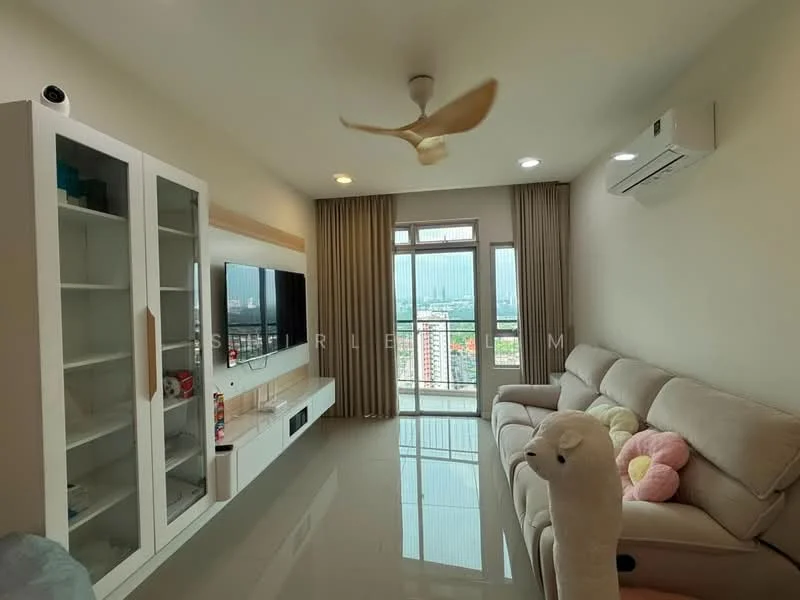 Living features: 3-seater fabric sofa in light grey, wall-mounted TV, TV console with storage, floor-to-ceiling windows, city view, 5-blade ceiling fan with light, recessed LED downlights, cream painted walls, glossy tile flooring, curtains, decorative cushions, decorative plush toy; style: modern; view: city.