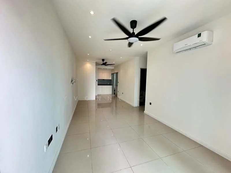Living features: white painted walls, glossy ceramic tile flooring, 5-blade ceiling fan with light, 2 wall-mounted split AC units, recessed downlights, open layout, neutral color scheme, no visible furniture; style: modern.