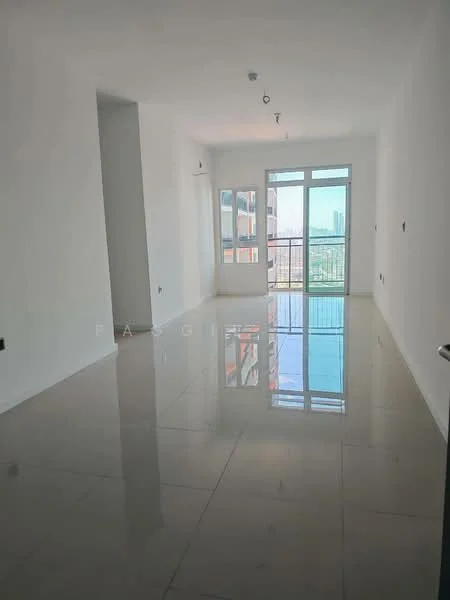 Living features: white painted walls, glossy marble tile flooring, floor-to-ceiling windows, sliding glass door, recessed downlights, open layout, city view, natural light; style: modern; view: city.