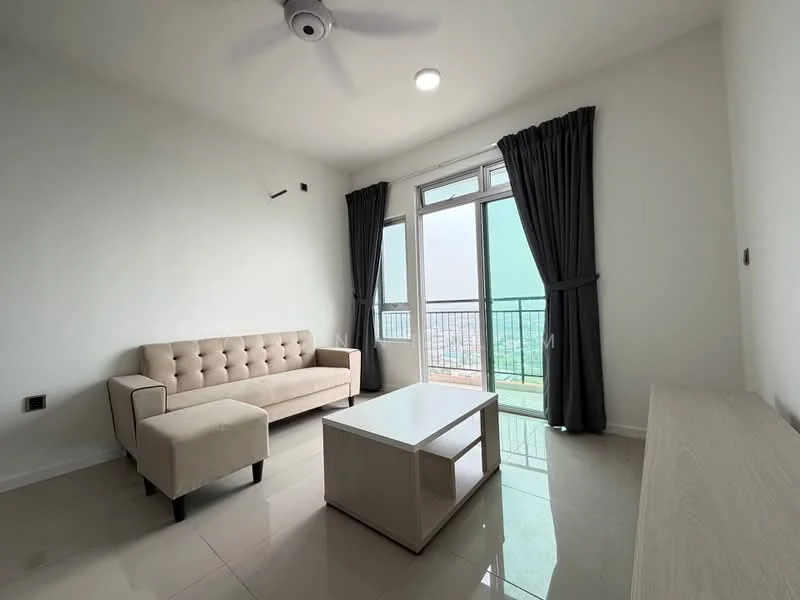 Living features: 3-seater fabric sofa in beige, coffee table, TV console, floor-to-ceiling windows, blackout curtains, ceiling fan, wall-mounted light, glossy tile flooring, white painted walls; style: modern; view: city.