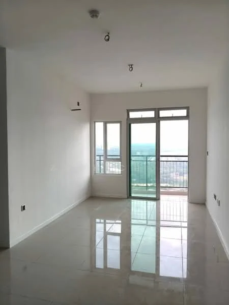 Room features: white painted walls, glossy tile flooring, floor-to-ceiling windows, sliding glass door, balcony access, recessed downlights, 1 wall-mounted split AC, city view; style: modern; view: city.