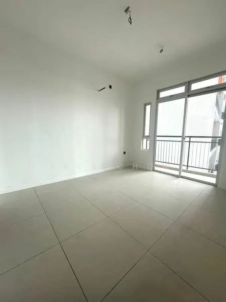 Room features: white painted walls, tile flooring, floor-to-ceiling windows, sliding glass door, balcony access, recessed lighting, no visible furniture, neutral color scheme; style: modern.