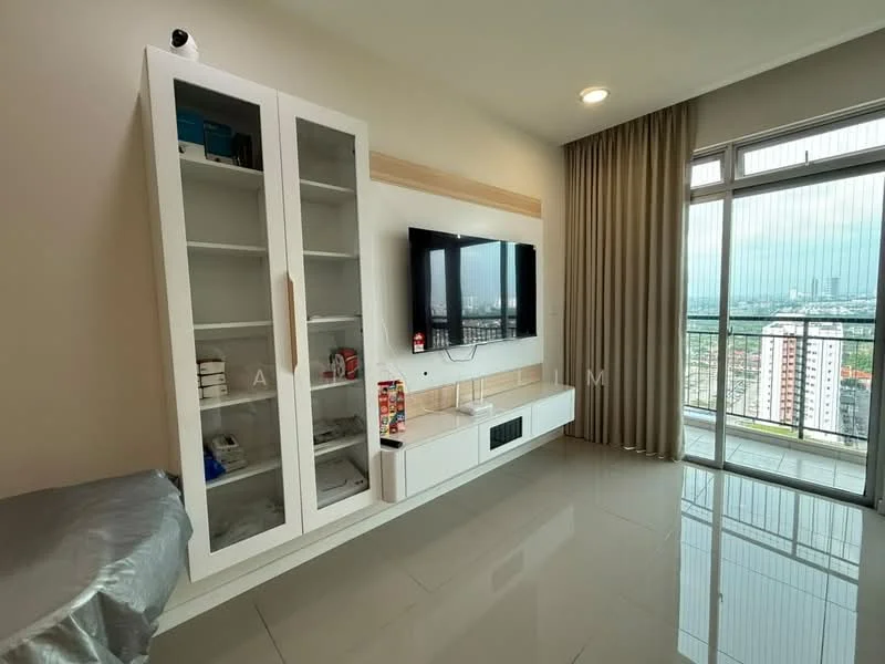 Living features: white wall-mounted TV unit, flat-screen TV, glass sliding door, floor-to-ceiling windows, curtains, ceramic tile flooring, recessed ceiling lights, city view, built-in shelving, decorative items on shelves; style: modern; view: city.