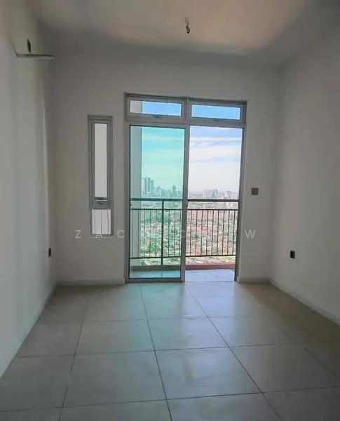 Room features: large sliding glass door, floor-to-ceiling windows, white painted walls, light-colored tile flooring, balcony access, city skyline view, single ceiling light fixture, neutral color scheme; style: modern; view: city.