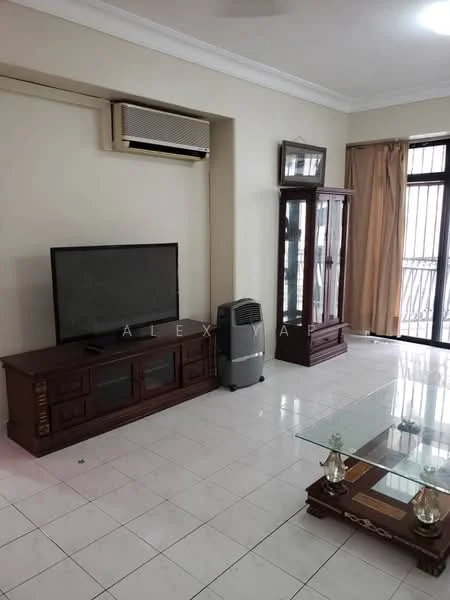 Living features: white painted walls, ceramic tile flooring, 5-blade ceiling fan, wall-mounted air conditioning unit, large flat-screen TV, wooden TV console, glass coffee table, display cabinet, curtains, sliding glass door; style: modern.