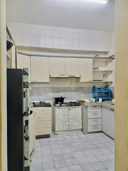 Kitchen features: white cabinetry, grey countertops, stainless-steel fridge, built-in gas stove, exhaust hood, sink, wall-mounted shelves, tile backsplash, grey tile flooring, overhead lighting; style: modern.