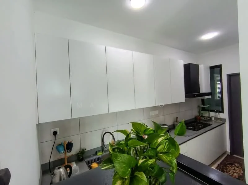 Kitchen features: white flat-panel cabinets, black upper cabinets, black countertop, stainless-steel sink, chrome pull-down faucet, built-in gas stove, wall-mounted range hood, tile backsplash, recessed downlights, green potted plant, grey tiled flooring; style: modern.