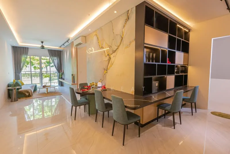 Living features: large floor-to-ceiling windows, grey curtains, sofa in green fabric, coffee table, area rug, ceiling fan with light, wall-mounted TV, decorative wall with marble finish, recessed lighting, open layout to dining area; style: modern; view: garden. Dining features: long dining table with marble top, 6 dining chairs in green fabric, built-in shelving unit, decorative vases on shelves, ambient lighting above table; style: modern.
