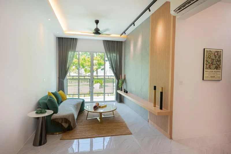Living features: 3-seater fabric sofa in green, round coffee table, area rug with natural texture, floor-to-ceiling windows, sliding glass door, curtains in grey, wall-mounted TV, wood feature wall, recessed downlights, ceiling fan with light, decorative wall art, plant in ceramic pot; style: modern; view: garden.