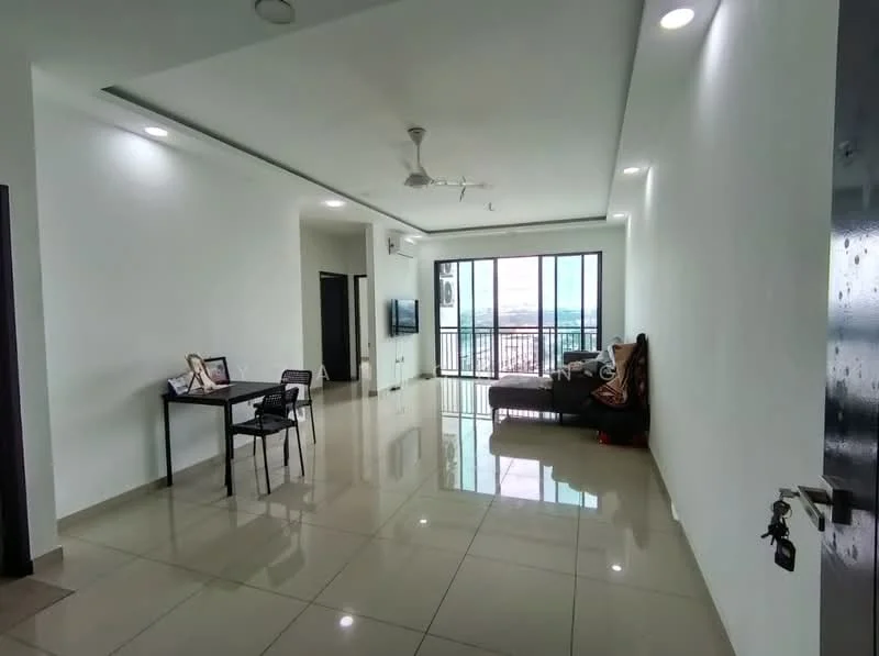 Living features: white painted walls, glossy ceramic tile flooring, tray ceiling, 5-blade ceiling fan with light, floor-to-ceiling windows, sliding glass door, black dining table with two chairs, grey fabric sofa, wall-mounted TV, decorative wall art, natural light from windows, city view from windows; style: modern; view: city.