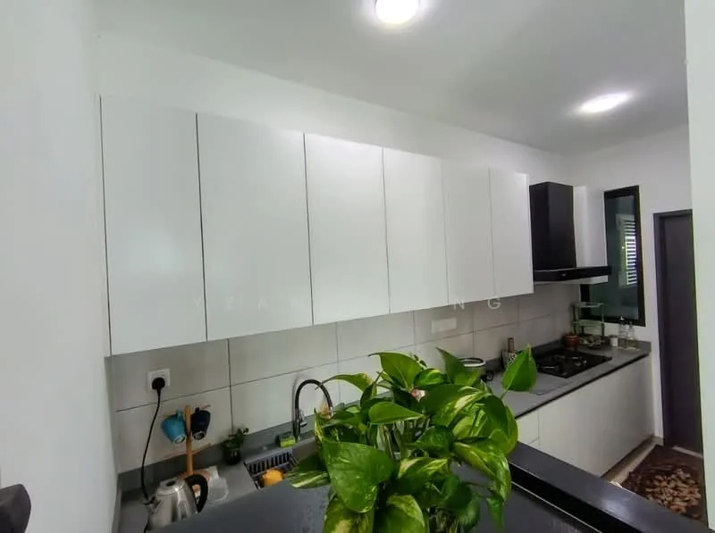 Kitchen features: white cabinetry with flat-panel doors, black upper cabinets, stainless-steel sink, chrome pull-down faucet, black countertop, built-in gas hob, built-in range hood, wall-mounted microwave, tile backsplash, kitchen utensils on display, green potted plant, recessed ceiling lights; style: modern.