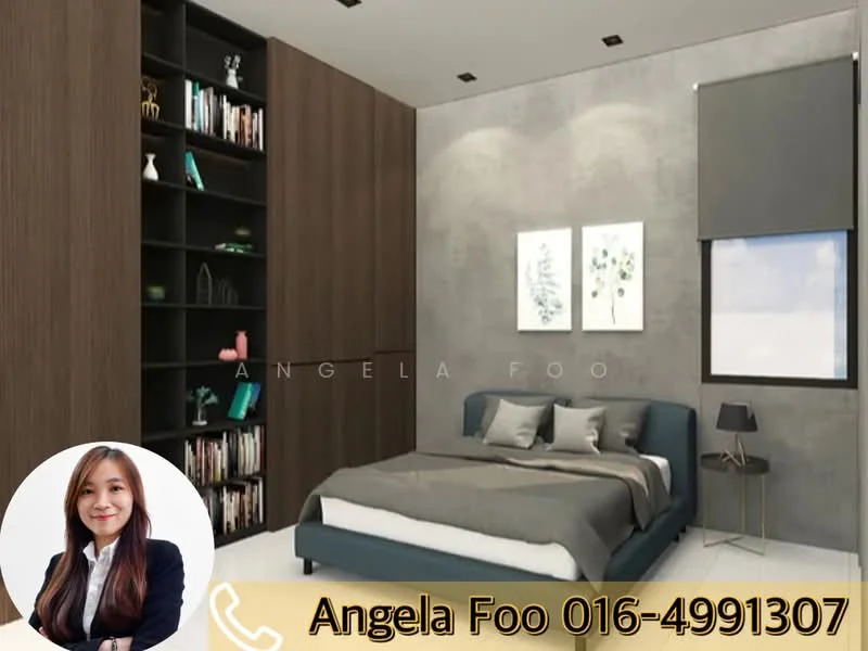 Bedroom features: queen-size bed with grey bedding, upholstered headboard, built-in wardrobe with wood finish, grey accent wall, white painted walls, floor-to-ceiling window with roller blinds, black shelving unit, decorative wall art, recessed downlights, laminate flooring; style: modern.