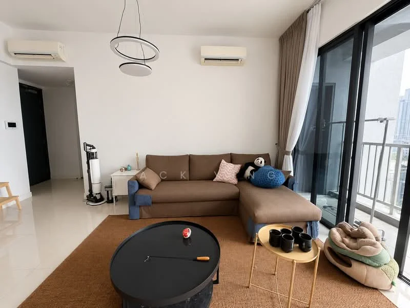 Living features: L-shape sectional sofa in brown, coffee table, area rug, floor-to-ceiling windows, curtains, 2 wall-mounted split AC units, pendant light, decorative cushions, wall-mounted TV, sliding glass door to balcony; style: modern; view: city.