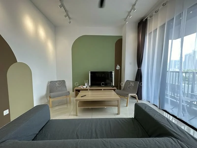 Living features: grey fabric sofa, wooden coffee table, two wooden armchairs, TV console, wall-mounted TV, white walls, green accent wall, brown accent wall, recessed lighting, floor-to-ceiling windows with sheer curtains, tile flooring, decorative wall arch; style: modern; view: city.