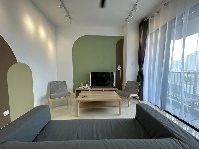 Living features: grey fabric sofa, wood coffee table, two armchairs with light grey upholstery, wall-mounted TV, white walls, green accent wall, recessed lighting, floor-to-ceiling windows with sheer curtains, curtains in dark grey, tile flooring, ceiling fan; style: modern; view: city.