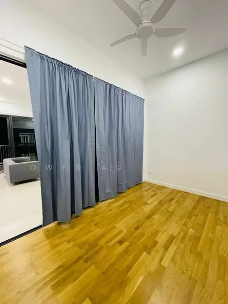 Room features: light wood flooring, white painted walls, 5-blade ceiling fan, floor-to-ceiling sliding glass door, grey curtains, natural light from door, minimalist decor; style: modern.