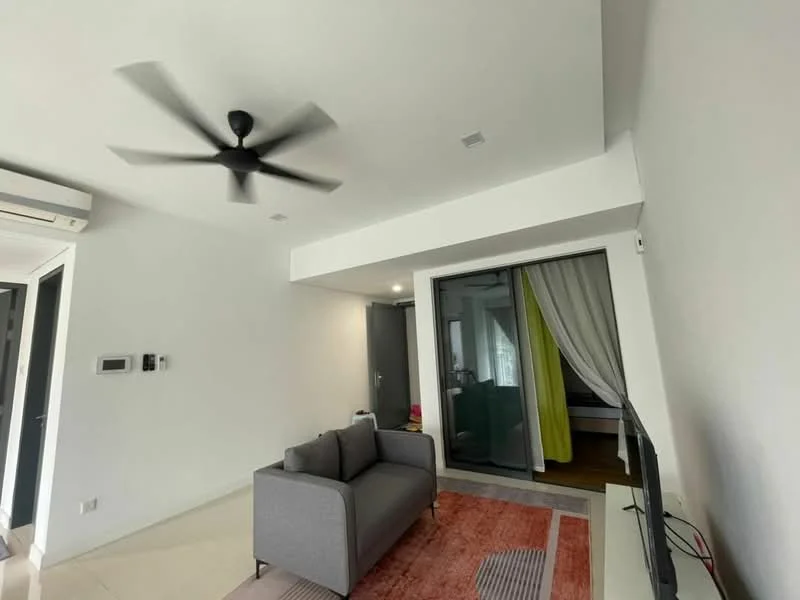 Living features: 3-seater fabric sofa in grey, area rug in orange, wall-mounted TV, 5-blade ceiling fan, white painted walls, tile flooring, floor-to-ceiling windows with sheer curtains, recessed downlights, air conditioning unit; style: modern.