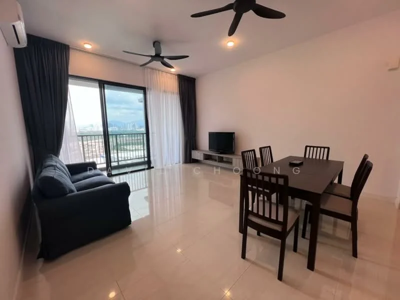 Living features: 2-seater fabric sofa in navy blue, coffee table, wall-mounted TV, TV console, dining table for 6 with wooden chairs, floor-to-ceiling windows, sheer curtains, blackout curtains, 2 ceiling fans, recessed downlights, glossy tile flooring, white painted walls; style: modern; view: city.